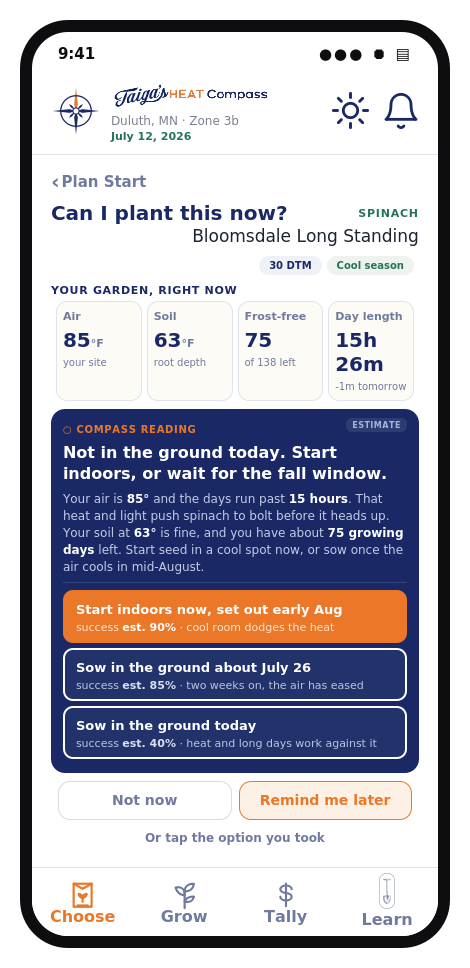 Taiga HEAT Compass™ mockup showing illustrative spinach planting options, local growing conditions, and estimated harvest success percentages.